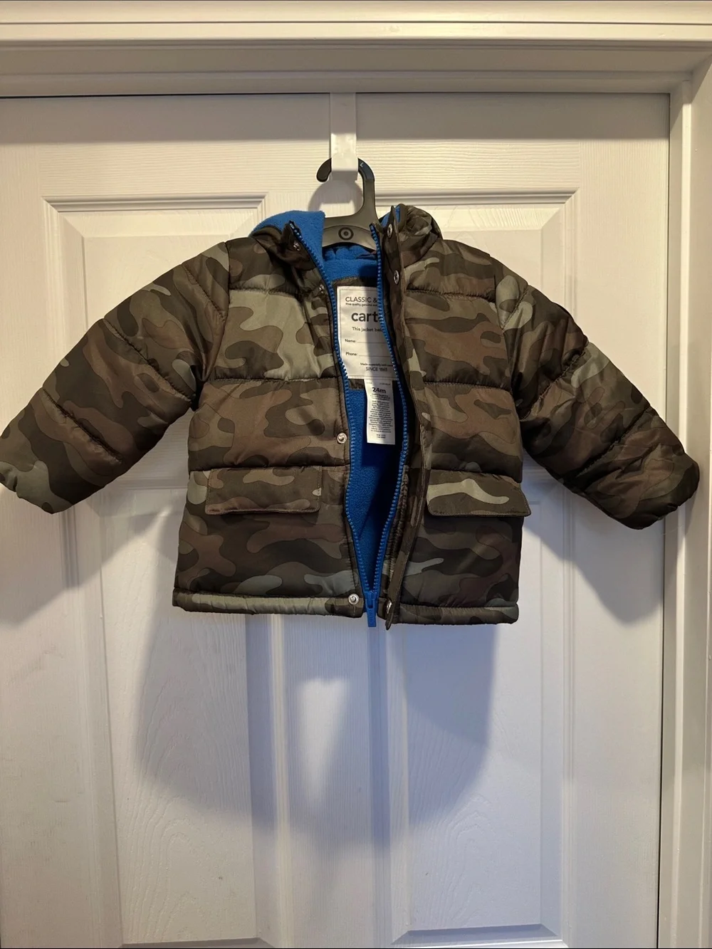 Carter's Boys Camouflage Puffer Jacket with Bright Blue Liner